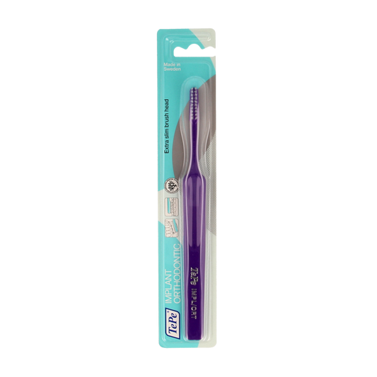 TePe orthodontic toothbrush for dental implants, single toothbrush with small head and soft bristles for effective cleaning.