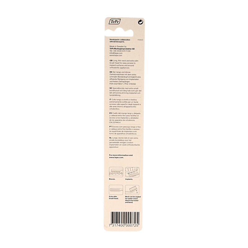 TePe orthodontic toothbrush for dental implants, single brush with soft bristles, designed for effective cleaning around braces.