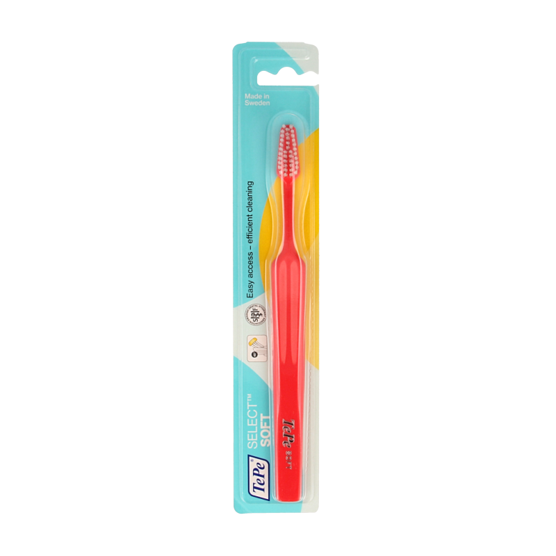 TePe Select Soft toothbrush with white handle and blue bristles, designed for gentle oral cleaning.