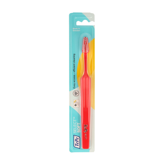 TePe Select Soft toothbrush with white handle and blue bristles, designed for gentle oral cleaning.