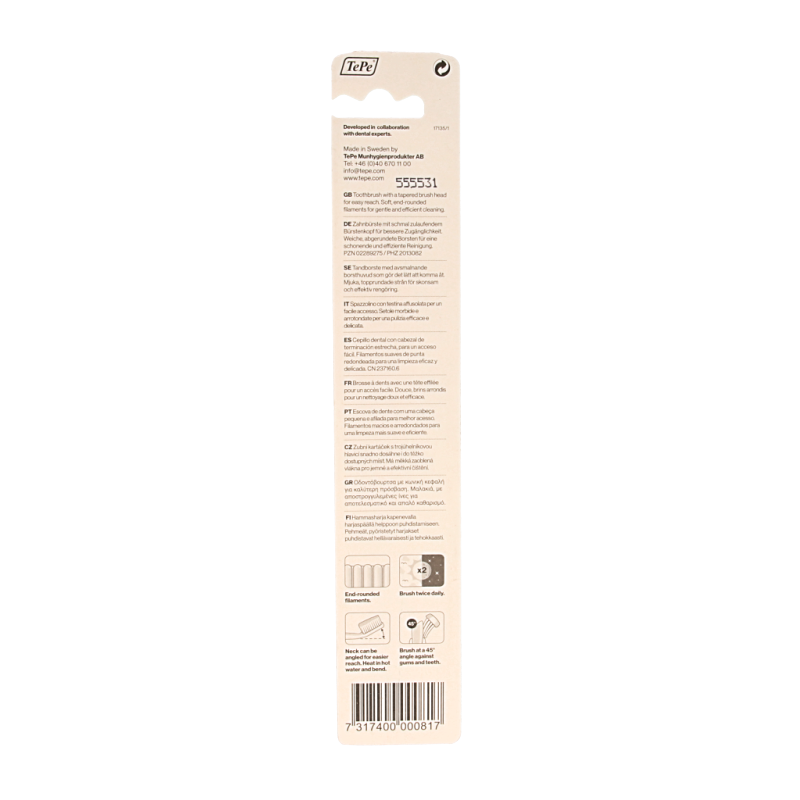 TePe Select Soft toothbrush with white handle and blue bristles, designed for gentle cleaning and oral hygiene.