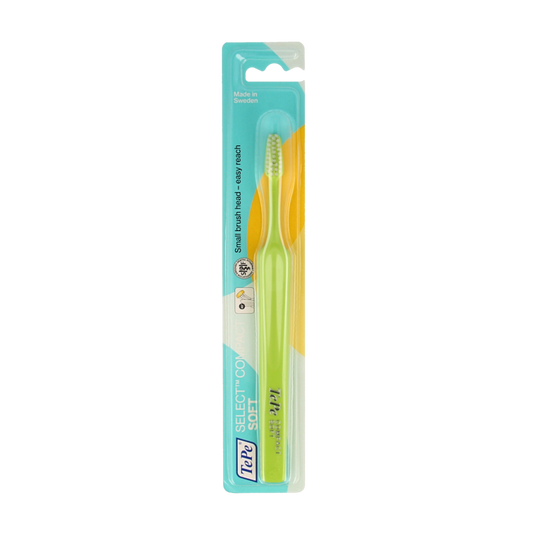 TePe Select Compact Soft toothbrush with blue handle, shown with bristles for gentle cleaning, designed for effective oral hygiene.