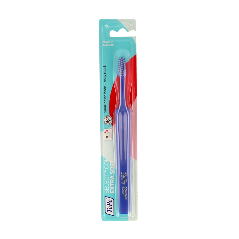 TePe select compact x-soft toothbrush with white handle and blue bristles, designed for gentle cleaning of teeth and gums.