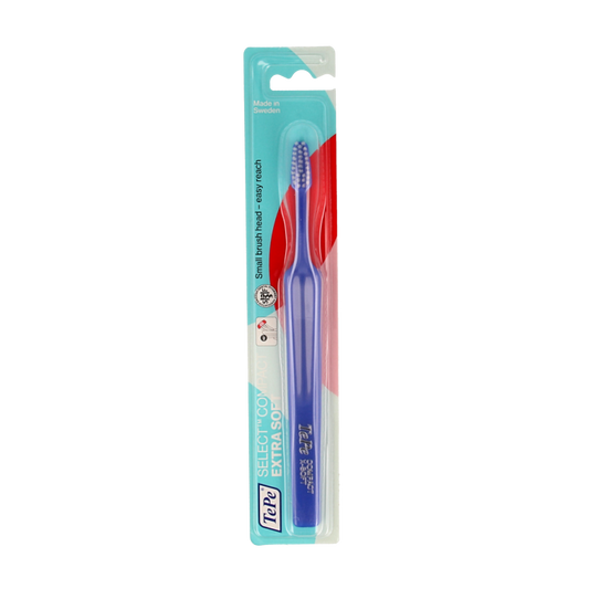 TePe select compact x-soft toothbrush with white handle and blue bristles, designed for gentle cleaning of teeth and gums.