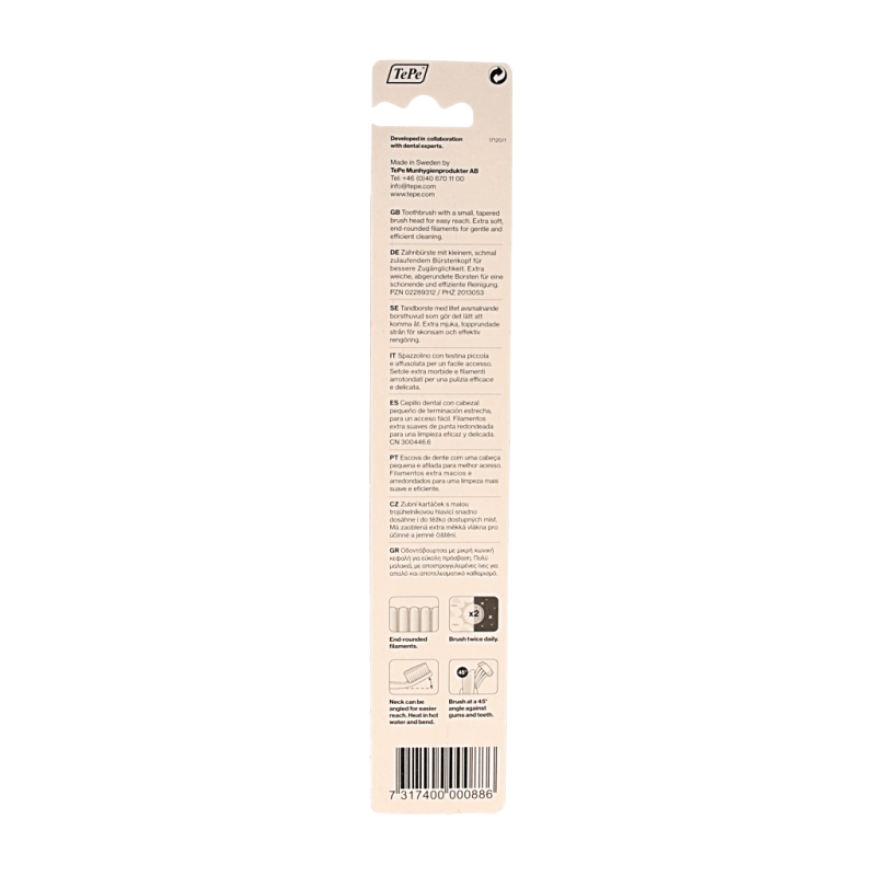 TePe Select Compact X-Soft toothbrush for gentle cleaning, shown with soft bristles and ergonomic handle.