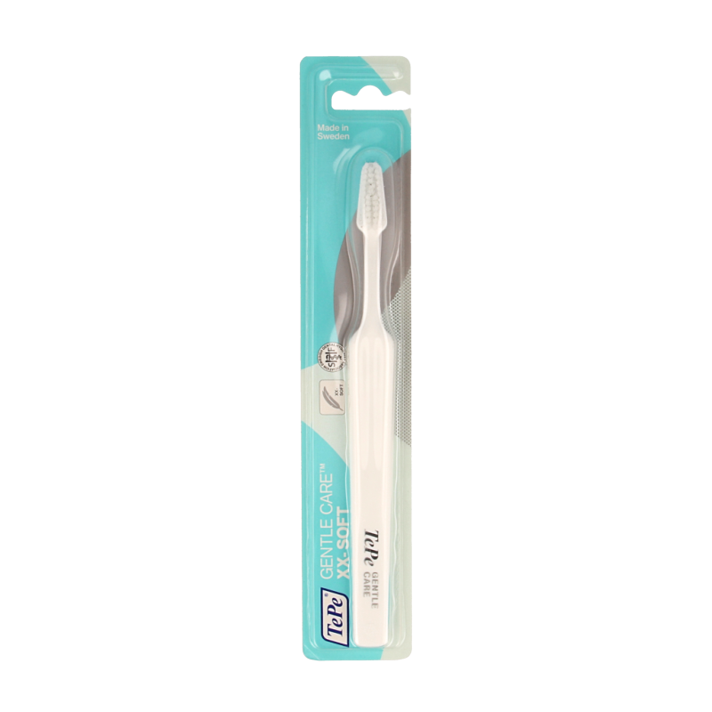 TePe gentle care toothbrush for effective cleaning, shown in a close-up with soft bristles and ergonomic handle design.