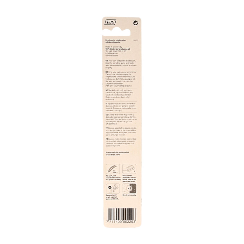 TePe Gentle Care toothbrush for oral hygiene, showing soft bristles and ergonomic handle in a close-up image.