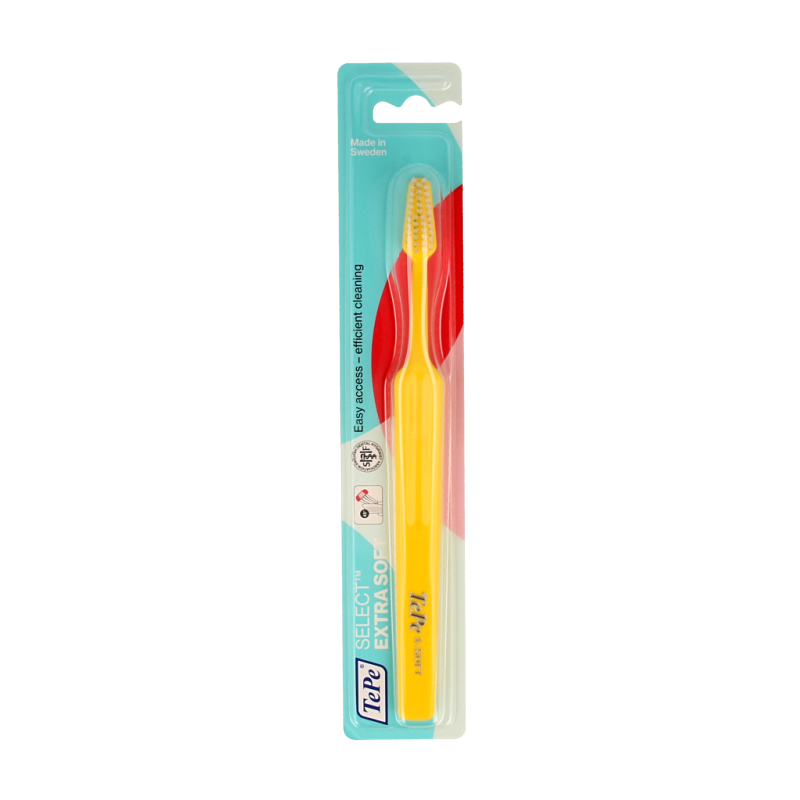 TePe select extra soft toothbrush with white handle and blue bristles, designed for gentle oral care.