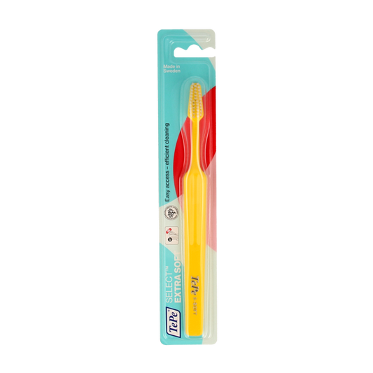 TePe select extra soft toothbrush with white handle and blue bristles, designed for gentle oral care.