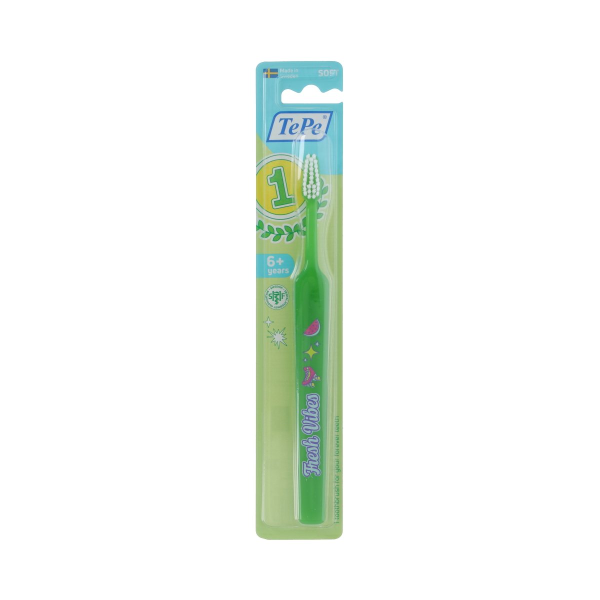 TePe Kids Select Zoo soft toothbrush showing colorful handle and cartoon animal design for children.
