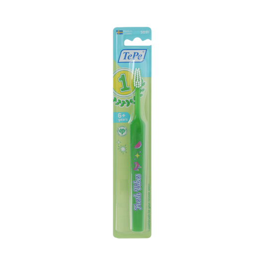 TePe Kids Select Zoo soft toothbrush showing colorful handle and cartoon animal design for children.