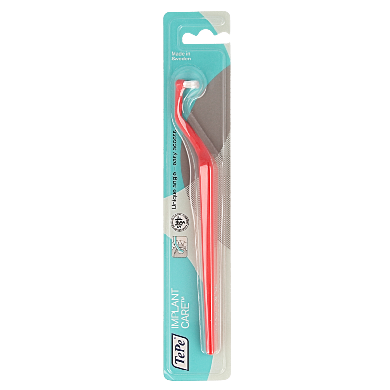 TePe implant care universal toothbrush for dental implants, shown with soft bristles and ergonomic handle.