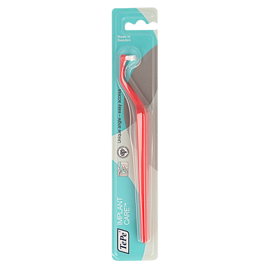 TePe implant care universal toothbrush for dental implants, shown with soft bristles and ergonomic handle.