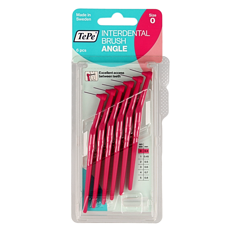 TePe Angle roze Tandenstokers en Ragers with 0.4 mm tip, set of 6, designed for effective interdental cleaning.