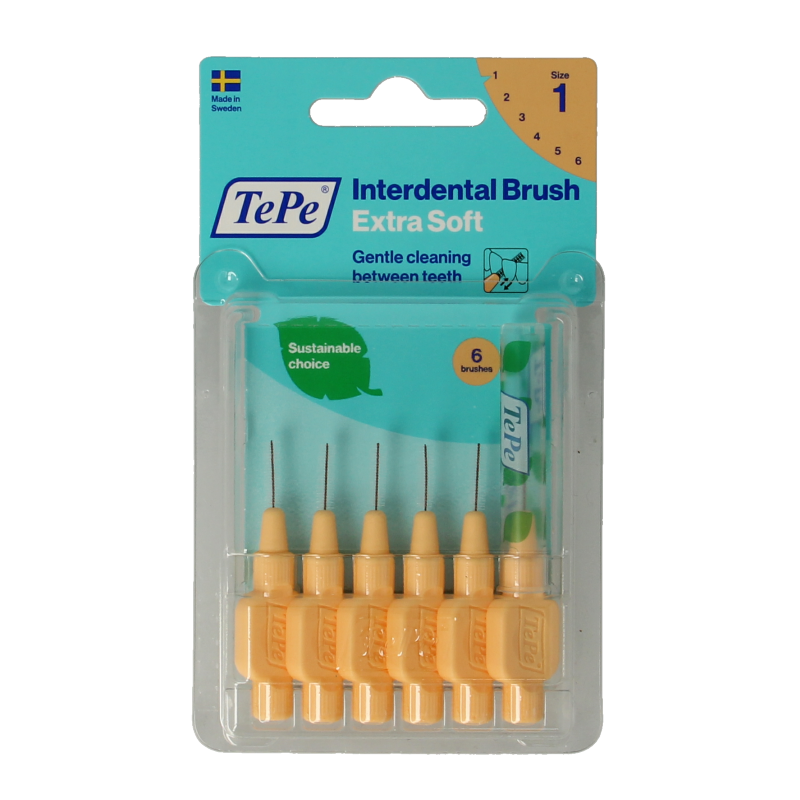 TePe extra soft light orange interdental brushes, size 1, for effective cleaning, shown with six toothbrushes in the image.