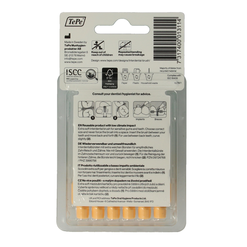 TePe extra soft orange interdentale rager, size 1, for effective interdental cleaning, shown in package of 6.