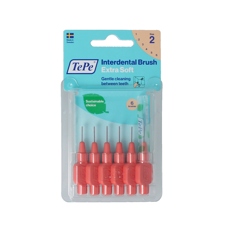 TePe Interdentale extra soft light red dental interdental cleaners, size 2, 6 pieces for gentle gum and teeth cleaning.