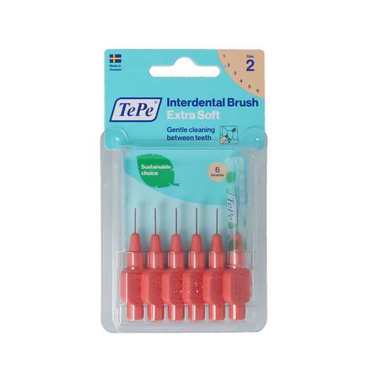TePe Interdentale extra soft light red dental interdental cleaners, size 2, 6 pieces for gentle gum and teeth cleaning.