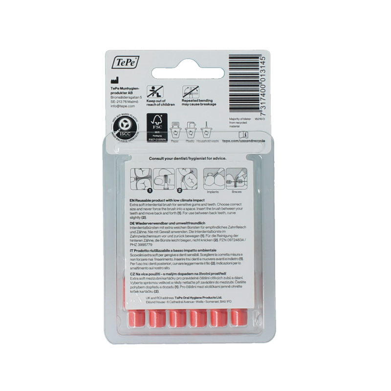 TePe extra soft light red interdental brushes, size 2, six-piece pack, designed for gentle cleaning between teeth.