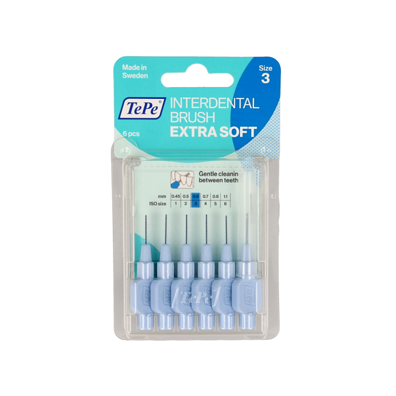 TePe Interdental Ragers extra soft light blue, size 3, 6 pieces, for gentle interdental cleaning.