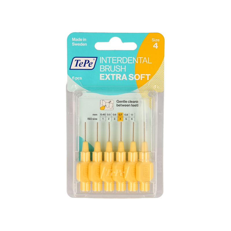TePe extra soft light yellow interdental cleaner rager, size 4, 6 pieces, for gentle gum and tooth cleaning.
