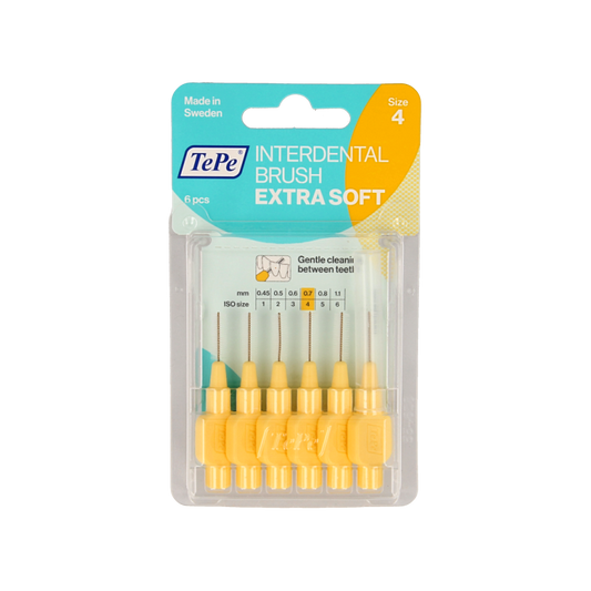 TePe extra soft light yellow interdental cleaner rager, size 4, 6 pieces, for gentle gum and tooth cleaning.