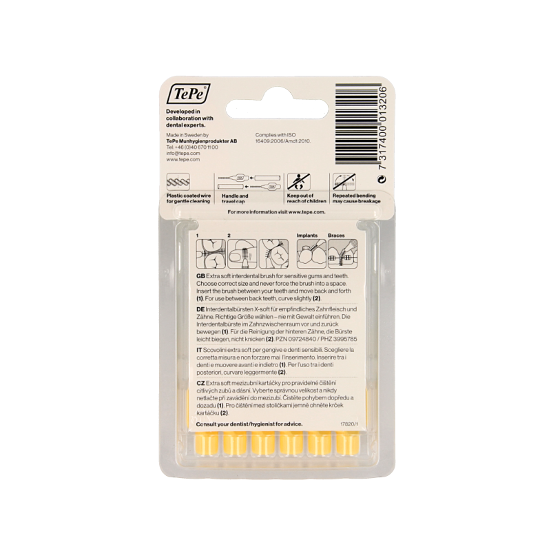 TePe extra soft light yellow interdental rager, size 4, six pieces, designed for gentle cleaning between teeth.