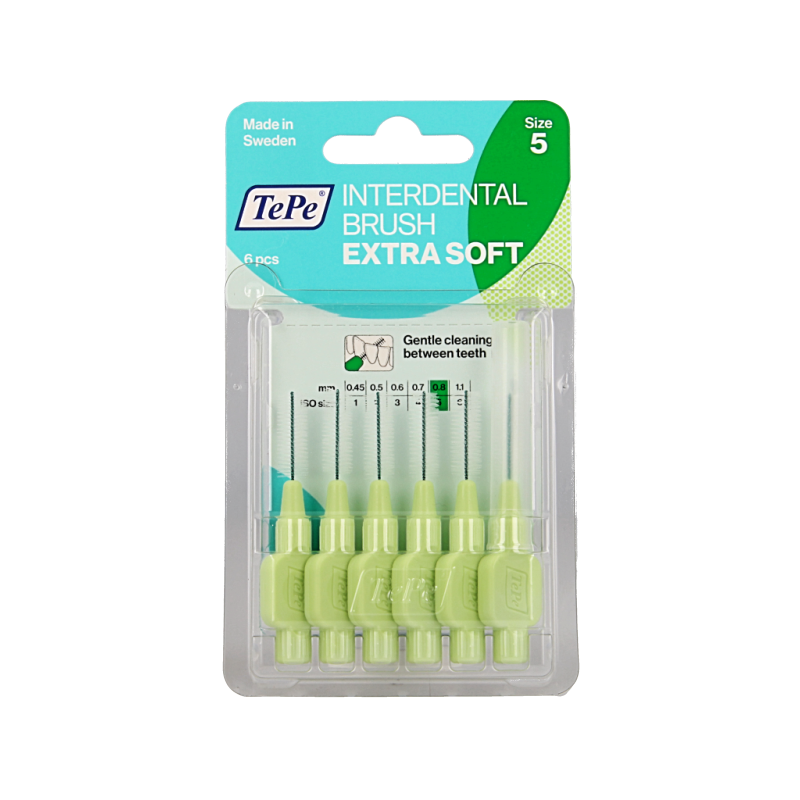 TePe Interdental rager extra soft light green, size 5, for cleaning between teeth, 6-pack of dental interdental tools.