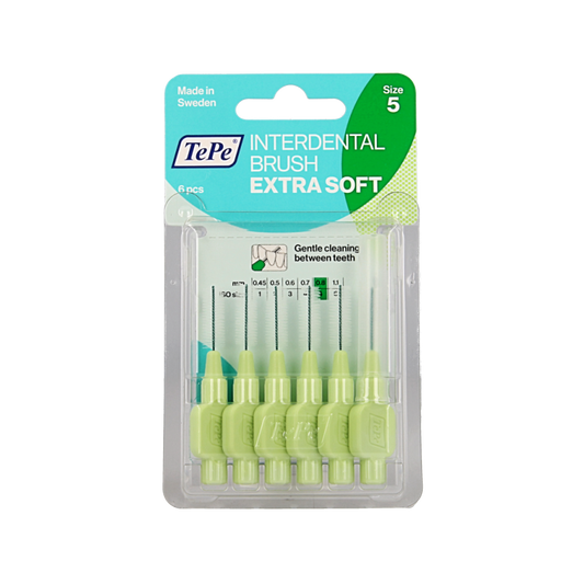 TePe Interdental rager extra soft light green, size 5, for cleaning between teeth, 6-pack of dental interdental tools.