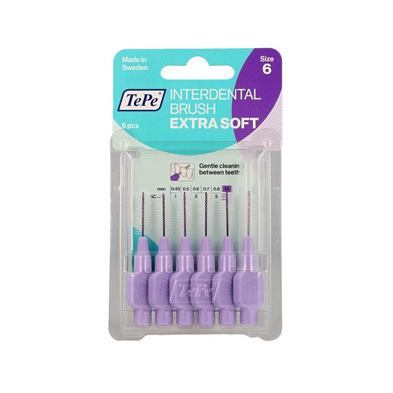 TePe extra soft light purple interdental cleaners or floss picks, pack of 6, designed for gentle gum and between-tooth cleaning