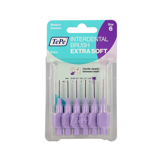 TePe extra soft light purple interdental cleaners or floss picks, pack of 6, designed for gentle gum and between-tooth cleaning