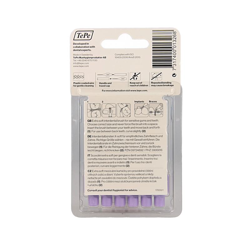 TePe extra soft light purple interdental cleaners, pack of 6, designed for gentle gum and teeth cleaning.