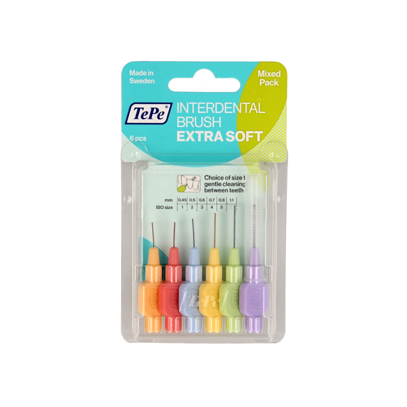 TePe Interdentale rager x-soft gemengd, 6-pack of soft dental floss picks for effective interdental cleaning.