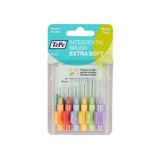 TePe Interdentale rager x-soft gemengd, 6-pack of soft dental floss picks for effective interdental cleaning.