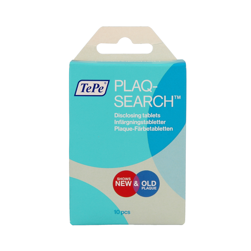 TePe PlaqSearch tablets for dental hygiene and plaque detection, shown in a box with 10 tablets for oral health.