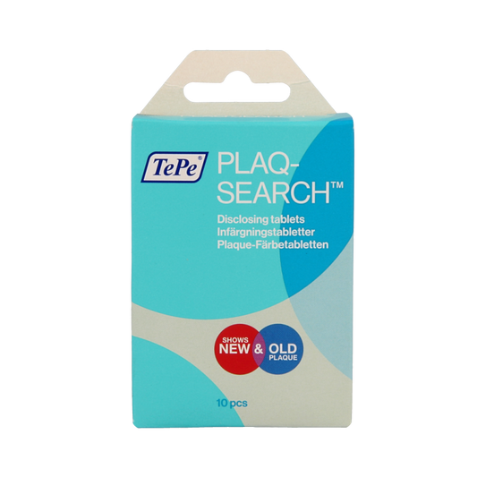 TePe PlaqSearch tablets for dental hygiene and plaque detection, shown in a box with 10 tablets for oral health.