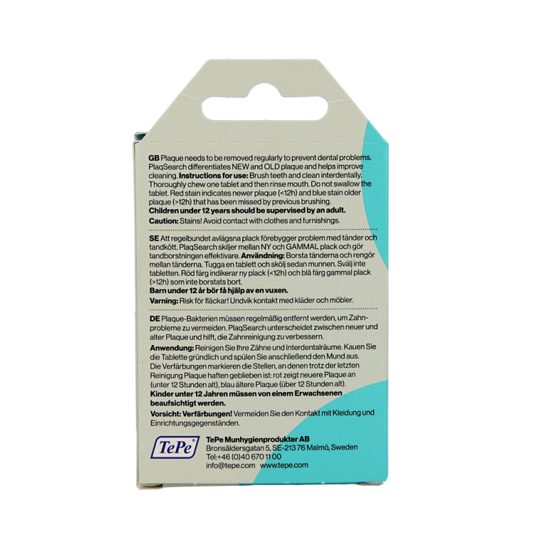 TePe PlaqSearch tablets for dental hygiene and plaque detection, shown in a close-up image of the packaging and tablets.