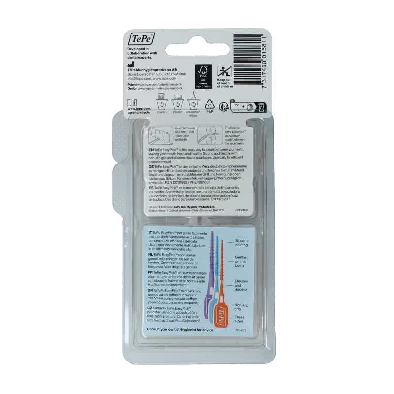TePe EasyPick XS/S blister pack with 36 interdental cleaners and toothpicks, designed for effective dental cleaning.
