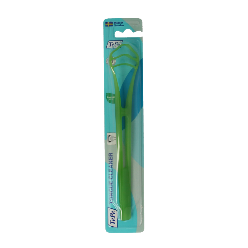 TePe Good tongue scraper for oral hygiene and plaque control, shown as a clean, white plastic tool for tongue cleaning.