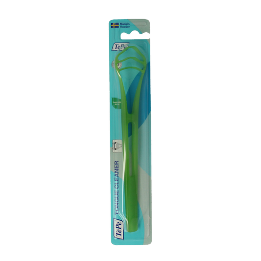 TePe Good tongue scraper for oral hygiene and plaque control, shown as a clean, white plastic tool for tongue cleaning.