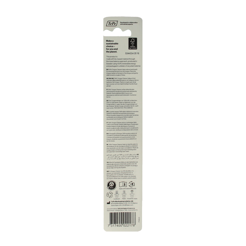 TePe Good tongue scraper for oral hygiene and plaque control, shown as a white plastic tool with a textured surface.