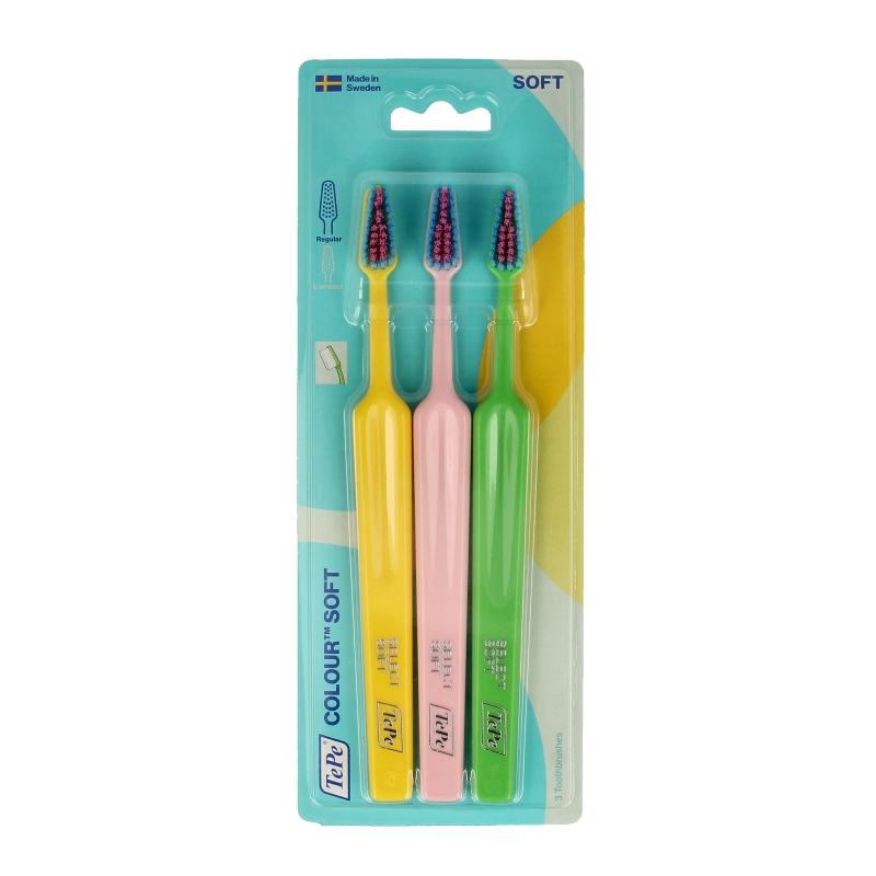 Three TePe soft toothbrushes in a color pack, showing the ergonomic handles and soft bristle heads for gentle cleaning.