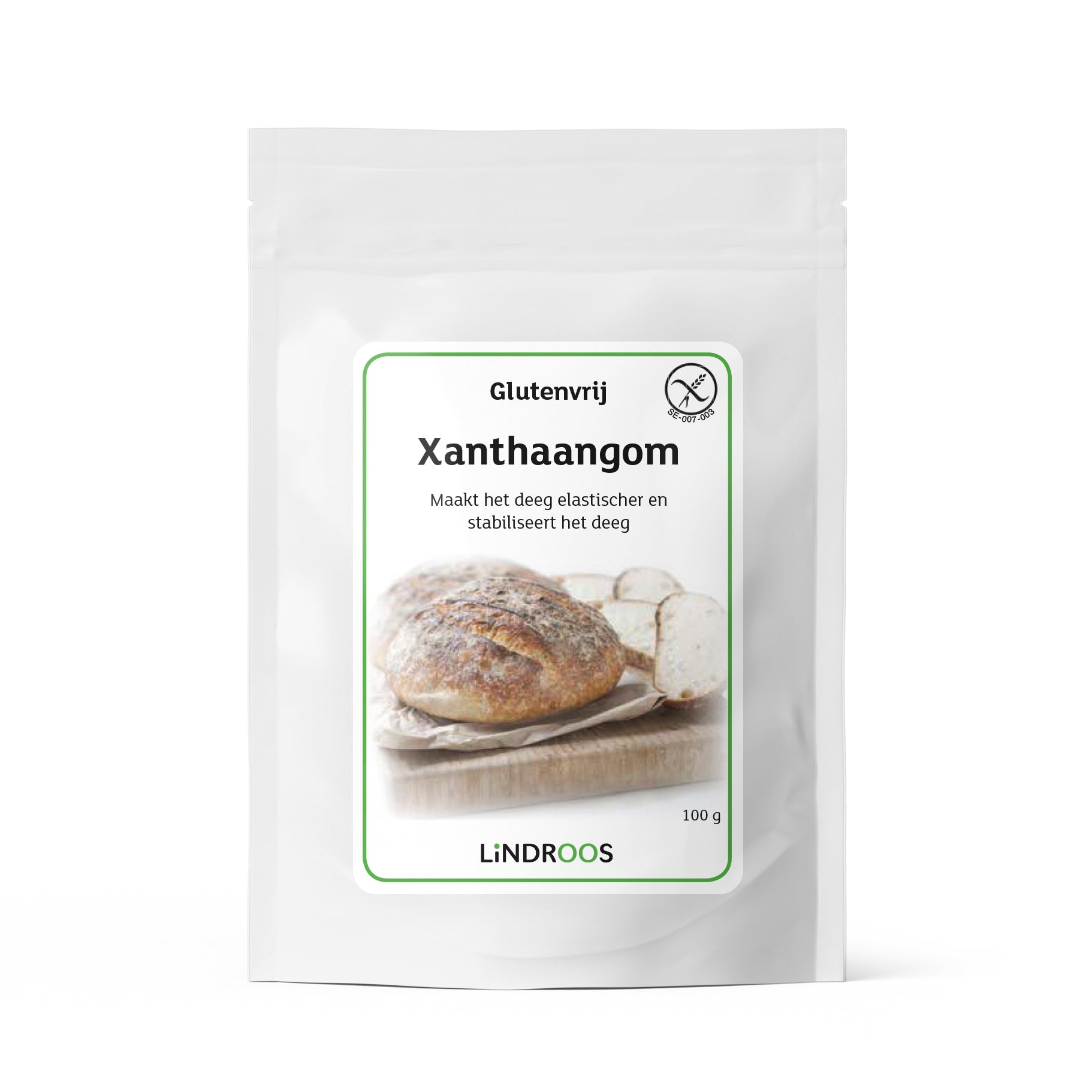 Lindroos Xanthaangom gluten-free 100g package, gluten-free baking mix and flour ingredient with a white powder in a clear bag.