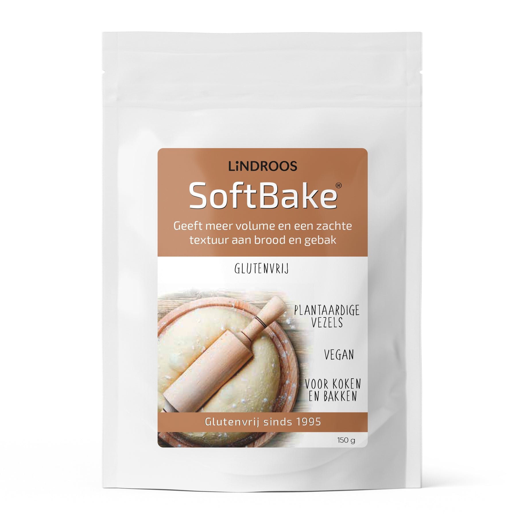 Lindroos Softbake glutenvrije broodverbeteraar bakmixen en melen 150g, close-up of the gluten-free bread improver package.