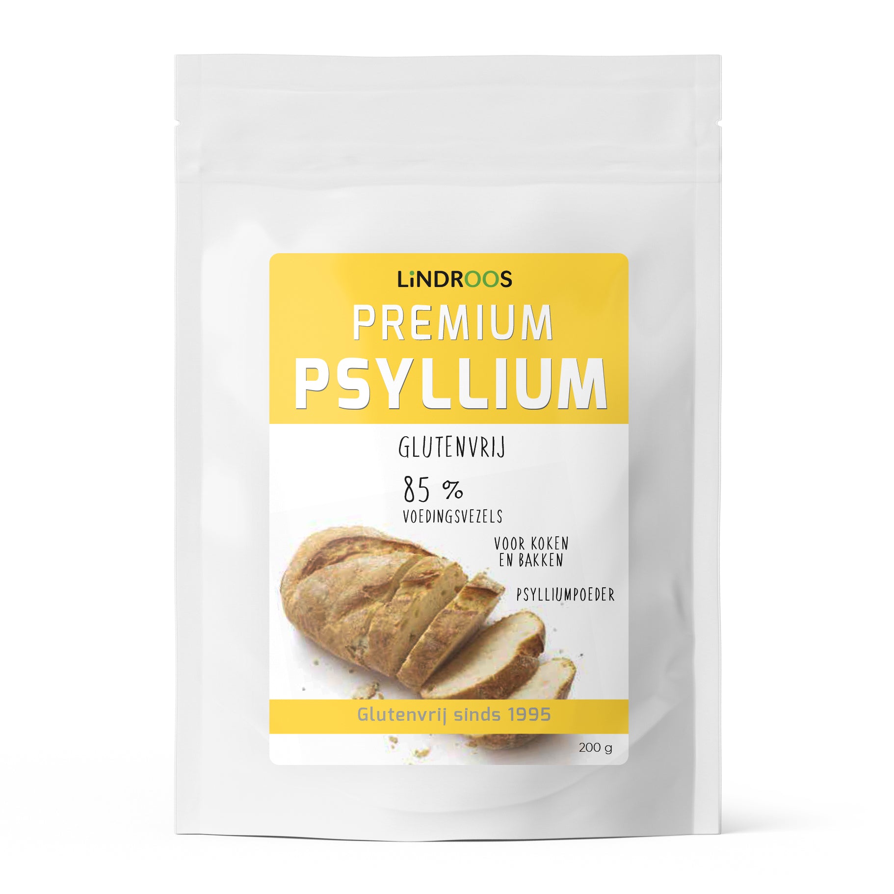 Lindroos Premium gluten-free psyllium baking mix in a 200g package, suitable for gluten-free baking and bread recipes.