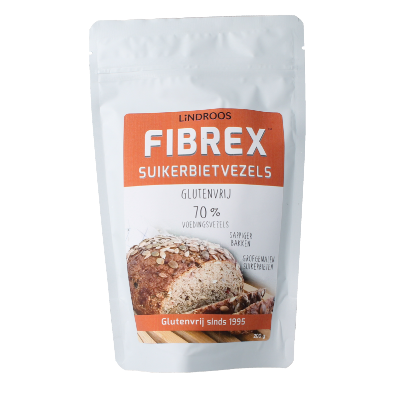 Lindroos Fibrex suikerbietenvezels glutenvrije bakmixen en melen, 200 gram, with green and white packaging and product label.