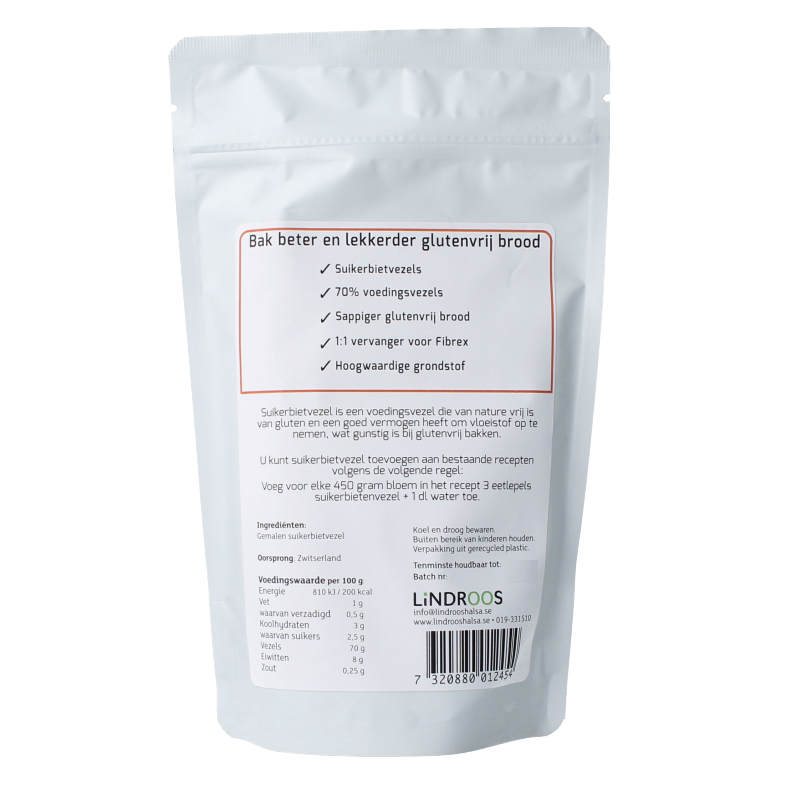 Lindroos Fibrex suikerbietenvezels glutenfree in 200g package, used for baking and baking mixes