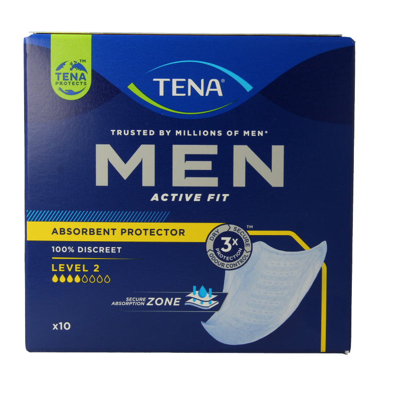 Tena Men Active Fit Level 2 incontinence pads, pack of 10, featuring discreet design and secure fit for men's urinary protection.
