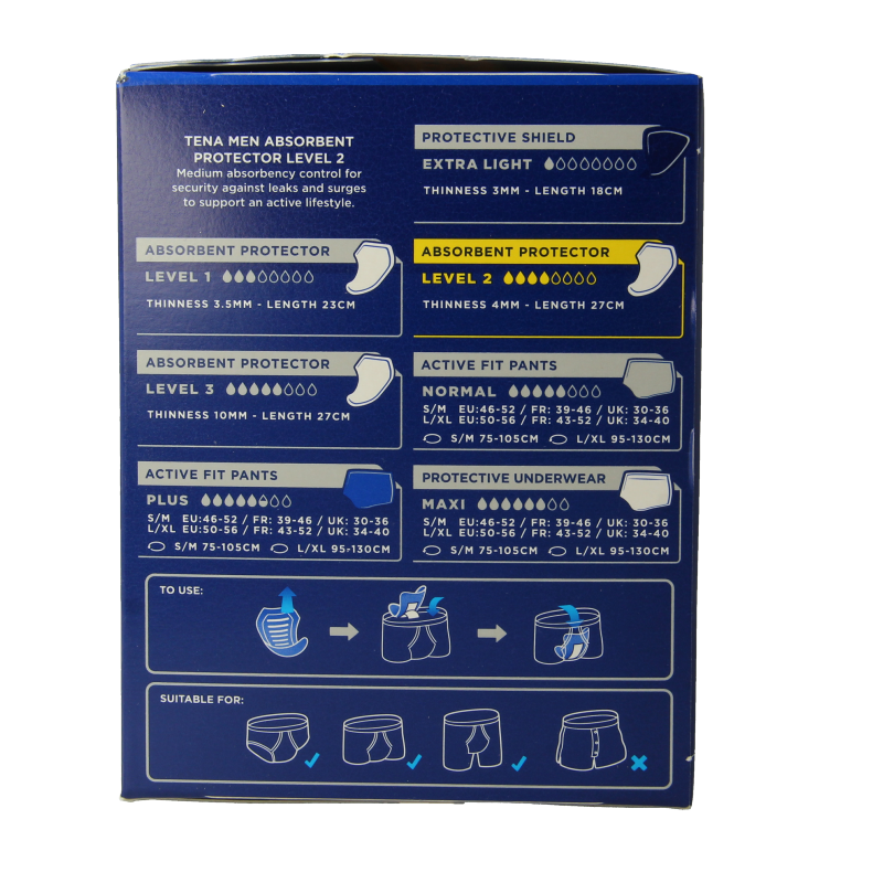Tena Men Active Fit Level 2 incontinence pads, 10 pieces, designed for men's bladder control, featuring discreet and comfortable fit.