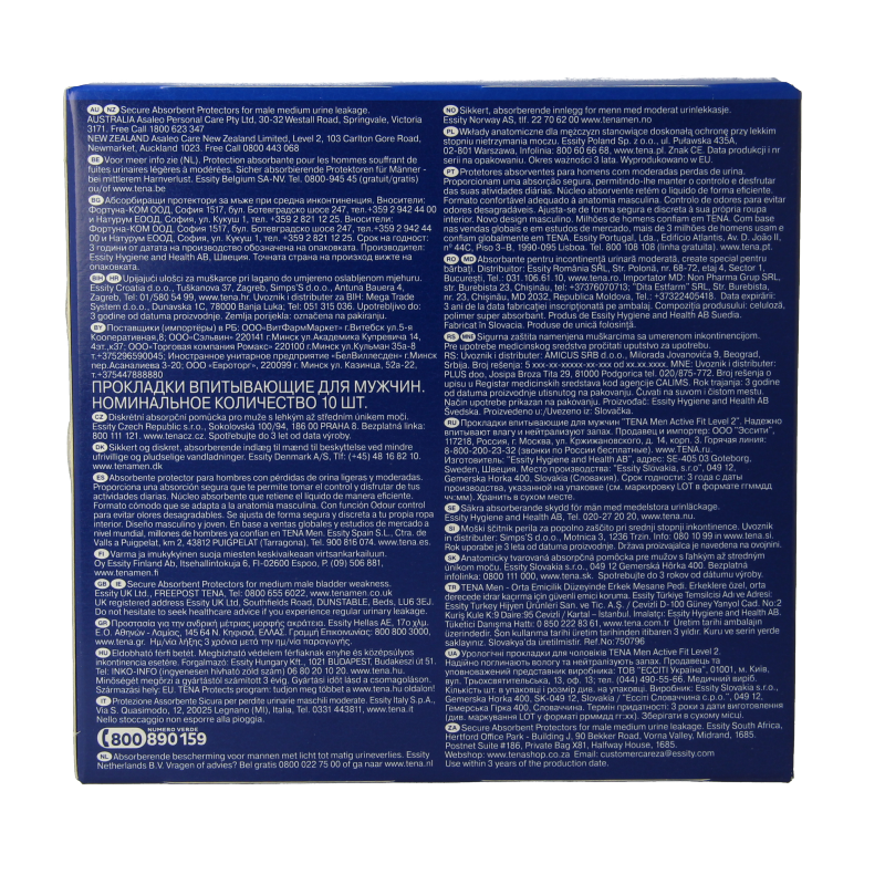 Tena Men Active Fit Level 2 incontinence pads, 10-pack, designed for comfortable male bladder protection.